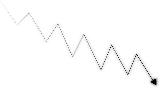 Black glowing zigzag down arrow animation highlighting market decline and negative performance. Ideal for financial charts, business visuals, and data overlays alpha channel