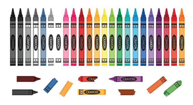 A vibrant collection of colorful crayons and crayon pieces displayed together in an organized manner