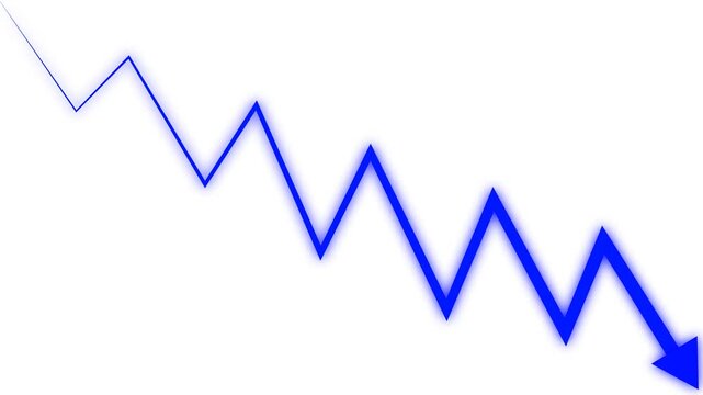 Blue glowing zigzag down arrow animation showing market decline and bearish trend. Perfect for financial charts, business visuals, and data driven overlays alpha channel