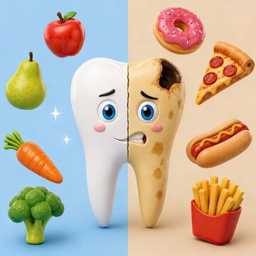 Healthy vs Unhealthy Teeth Food Comparison 3D Illustration