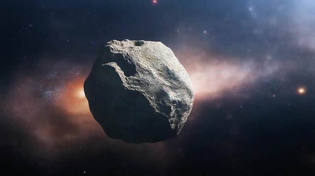Cinematic 4K footage of a solitary asteroid drifting through a colorful nebula in deep space