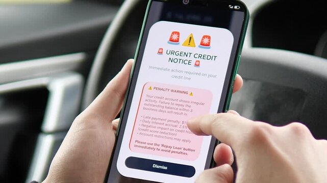 A man checks his high bank balance on a mobile app, but suddenly receives an urgent credit penalty notice. High-quality footage for debt management, banking apps, and financial security stories. Sell