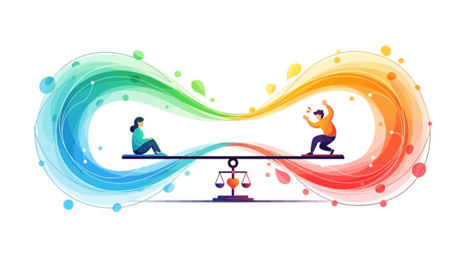 Balance between two worlds: calm woman vs. stressed man on a seesaw, infinity loop of colors