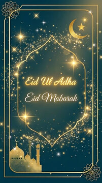 Sparkling Eid ul Adha Eid Mobarak card greeting with mosque and moon.  