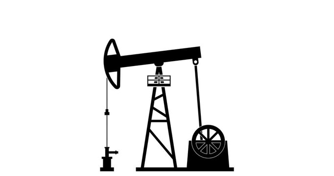 Oil pumpjack loop animation. Industrial oil pump tower seamless loop with nodding donkey horsehead moves up and down while the drive wheel rotates