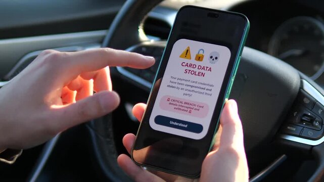 Mobile payment scam in action. Realistic UI shows card binding leading to a critical data compromise warning inside a car. Essential for banking security, privacy protection campaigns, and phishing