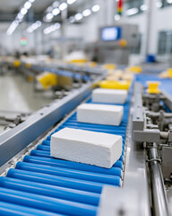 Obraz premium White blocks move steadily on a blue conveyor belt. Factory lights shine brightly overhead. Metal components line the production line. Precision machinery ensures flawless motion