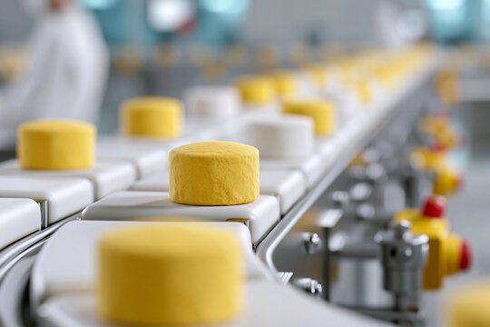 Yellow pills move along a clean production line. White tablets sit beside vibrant yellow round pills. Machines hum quietly in background. Workers in white coats stand blurred nearby