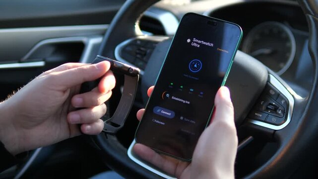 High-quality footage of a smartwatch pairing with a mobile app. Sequential process shows connecting, authenticating, and successful sync inside a car. Perfect for IoT, wearable tech promos, and