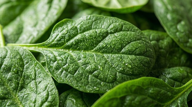 Fresh organic spinach leaves with water droplets, vibrant green baby spinach macro photography, healthy raw vegetable greens for cooking isolated on White Background
