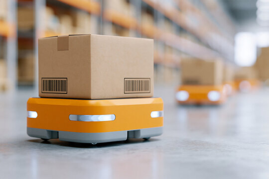 Robotic cart carries cardboard box through warehouse aisles. Bright orange chassis glides smoothly on polished floor. Barcode labels mark each parcel with precision and care