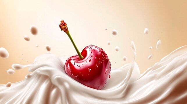 Single cherry with water droplets in yogurt
