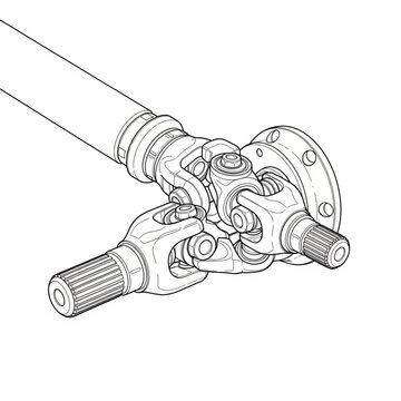 A detailed technical drawing of a universal joint assembly with shafts and components.