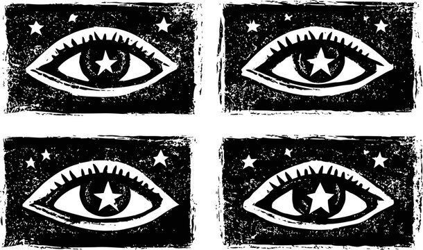 Four stylized eyes with stars in pupils design in black and white vintage grunge