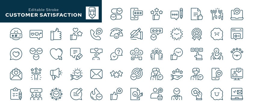Customer satisfaction. Set of outline icons. Feedback, like, review, rating, dislike and more. Line icon in linear style. Vector collection	