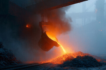 Fototapeta premium Molten metal pours from a casting bucket. Smoke billows as hot steel hits the ground. Fusion light glows, intense and powerful. Industrial machinery dominates the smoky scene. The image conveys raw