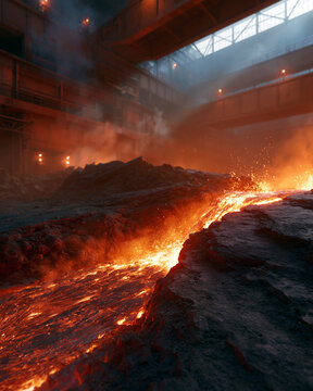 Molten lava flows through industrial factory floor. Bright orange glow illuminates dark surroundings. Steam rises from cooling slag near furnace. Metal beams loom above, casting long shadows
