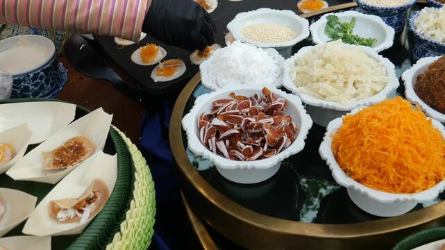 Making Thai crispy pancakes or crispy crepes (Khanom Buang), Traditional Thai snack