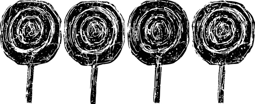 four rustic wooden tree cross section rings illustration with detailed grain texture, black and white design