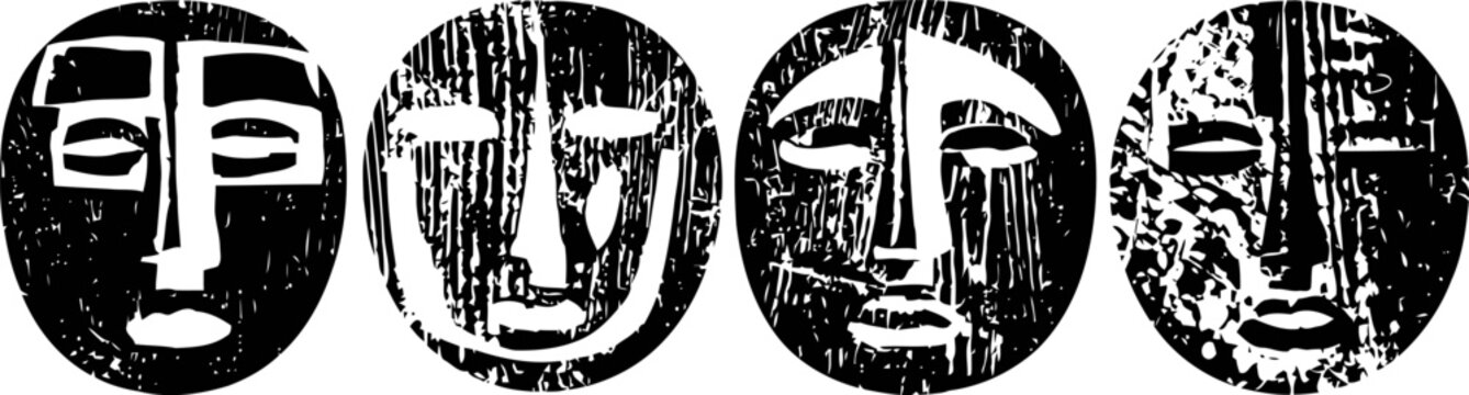 Set of four abstract tribal masks in black and white with textured distressed design
