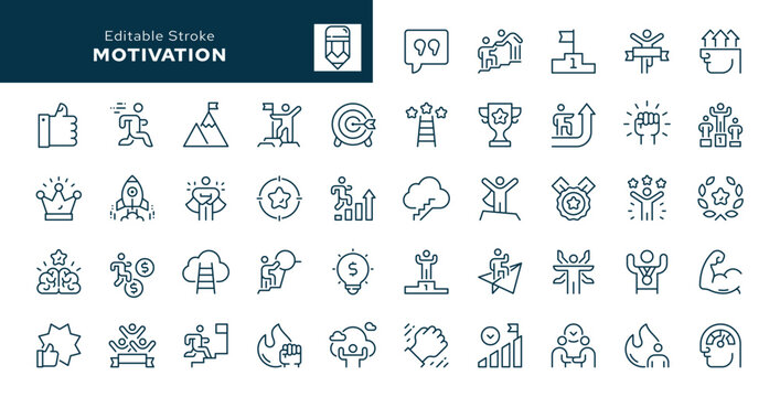 Motivation. Set of outline icons.  Personal growth, productivity, development, increase, improvement, career, goal achievement and more. Line icon in linear style. Vector collection	