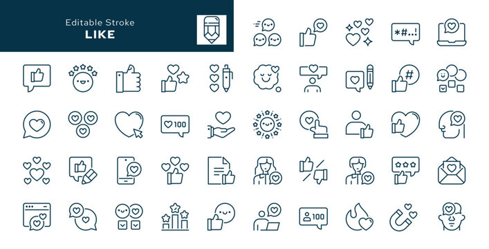 Like. Set of outline icons. Thumbs up, feedback, satisfaction, positive, deslike, content approval, social networks and blog. Line icon in linear style. Vector collection	