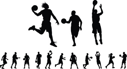 Basketball player silhouettes in various action poses including dribbling jumping and shooting isolated on white background for sports design © MostMeskatun