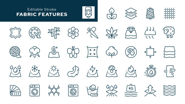 FAbric features. Set of outline icons. Fabric, textile material, cotton, leather, silk, synthetics, wool, bamboo, waterproof, windproof and more. Line icon in linear style. Vector collection	
