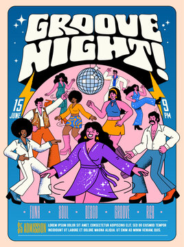 Dynamic Groove Night Dance Party poster design featuring lively retro dancers, perfect for promoting dance events, parties, or music nights with a fun, vibrant theme