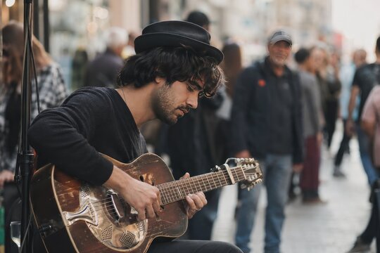 Street musician playing vintage resonator guitar on busy urban sidewalk, focused expression, black hat, casual black shirt, natural daylight, bustling city crowd in background