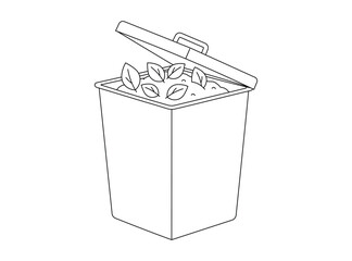 Full recycling bin with paper waste and leaves line art vector graphic for environmental awareness © Nipun Mitra123