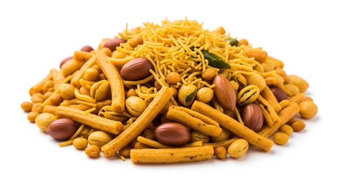A mix of crunchy Indian savory snacks including peanuts and fried noodles