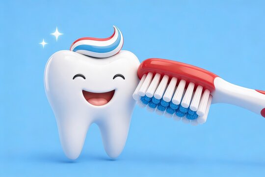 Smiling Tooth with Toothpaste and Toothbrush 3D Illustration