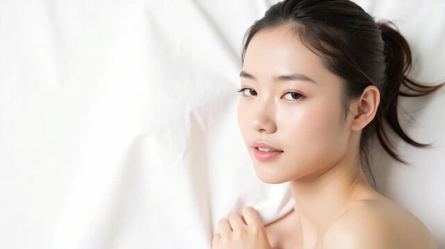A young woman with delicate features and soft hair rests her head gently upon her hand, her eyes looking off into the distance. She exudes an air of relaxed contentment in this serene setting.