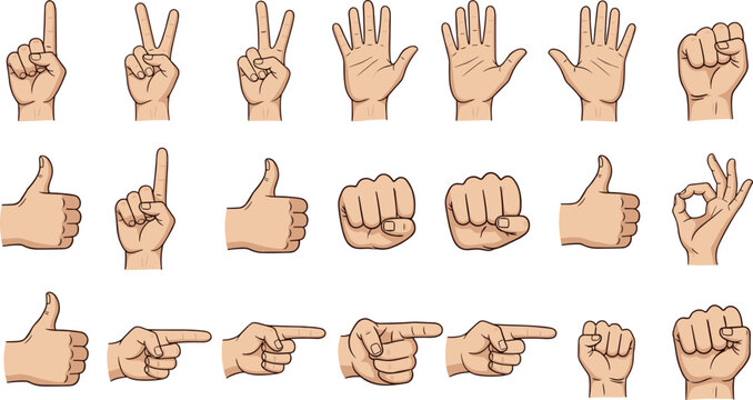 Finger Counting and Hand Signal Icon Pack with Directional Pointing Gestures and Human Interaction Symbols Flat Style Vector for UI Systems and Training Content.