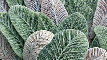 Intricate pattern of silver and green fern leaves with delicate vein structures and organic