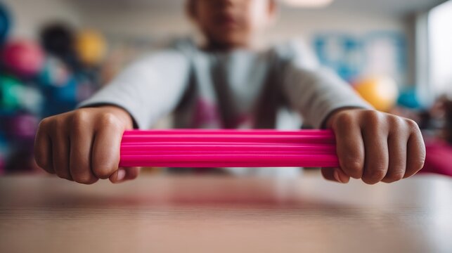 Child's hands stretching vibrant pink sensory fidget band, blurred classroom background, tactile exploration, stress relief, focus aid, educational tool