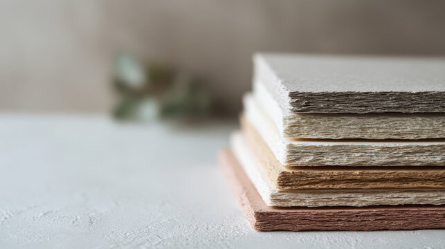 Stack of textured paper sheets closeup