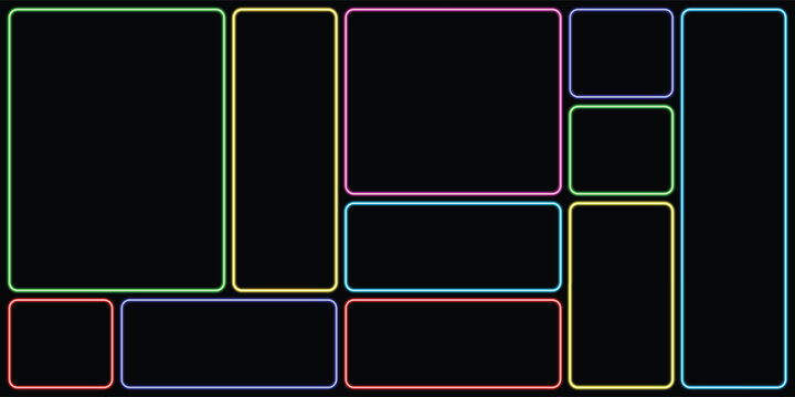 A vibrant, neon-colored geometric pattern featuring rectangles and squares in various sizes and arrangements