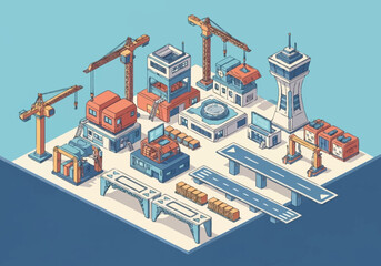 Fototapeta premium Isometric illustration of construction site elements including cranes, buildings, and infrastructure.