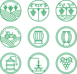 Fototapeta premium Collection of green line icons depicting various wine production and vineyard elements