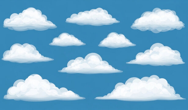 Transparent white cloud vector set on blue sky background with soft fluffy atmospheric shapes