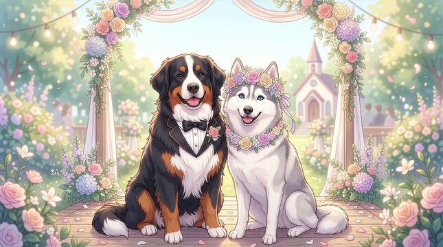 成犬のハスキーとバーニーズの結婚式/華やかな屋外風景/ブライダル広告や招待状向け