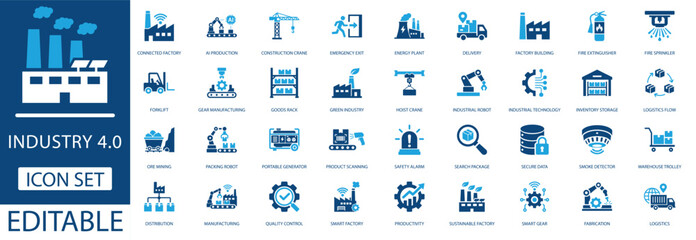Industry 4.0 icon set featuring smart factory, automation, industrial robot, sustainable manufacturing, green energy, logistics, and production line symbols in a modern style. © Pixel Flat Design