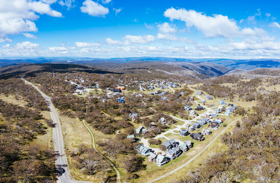 DINNER PLAIN, AUSTRALIA - APRIL 7 2026: Aerial view of Dinner Plain township and landscape