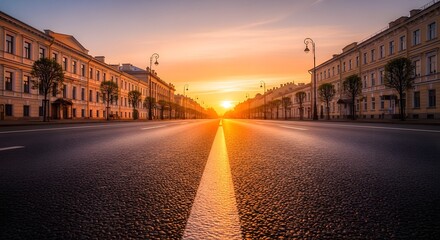 Fototapeta premium Sunset view of empty urban street with symmetrical buildings on both sides.