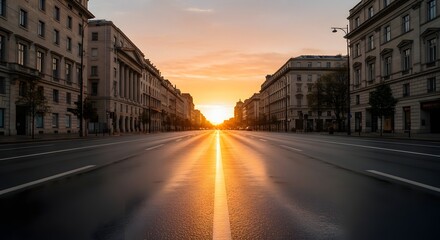 Fototapeta premium Empty city street with glowing sunset and symmetrical buildings.