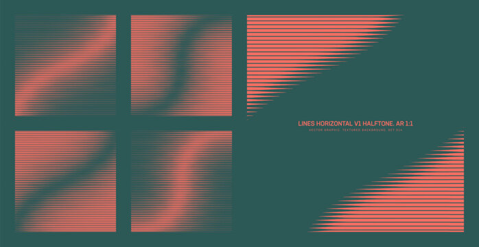 Vector red green horizontal striped halftone pattern set in square 1:1 format with diagonal distortion and frame overlays. Abstract line textures for backgrounds, posters, UI, digital design projects