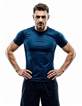 Athletic man portrait isolated on white background, strong male in sportswear for fitness profile, trainer avatar and wellness concepts