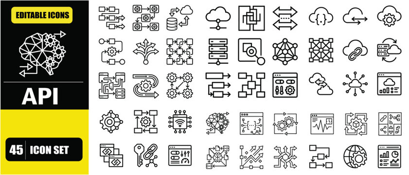 API and Integrations Icon Set &ndash; System Connectivity, Data Exchange, Software Integration, Cloud Services, Developer Tools and Automation Line Icons &ndash; Thin Line Editable Stroke Vector Illustration for 
